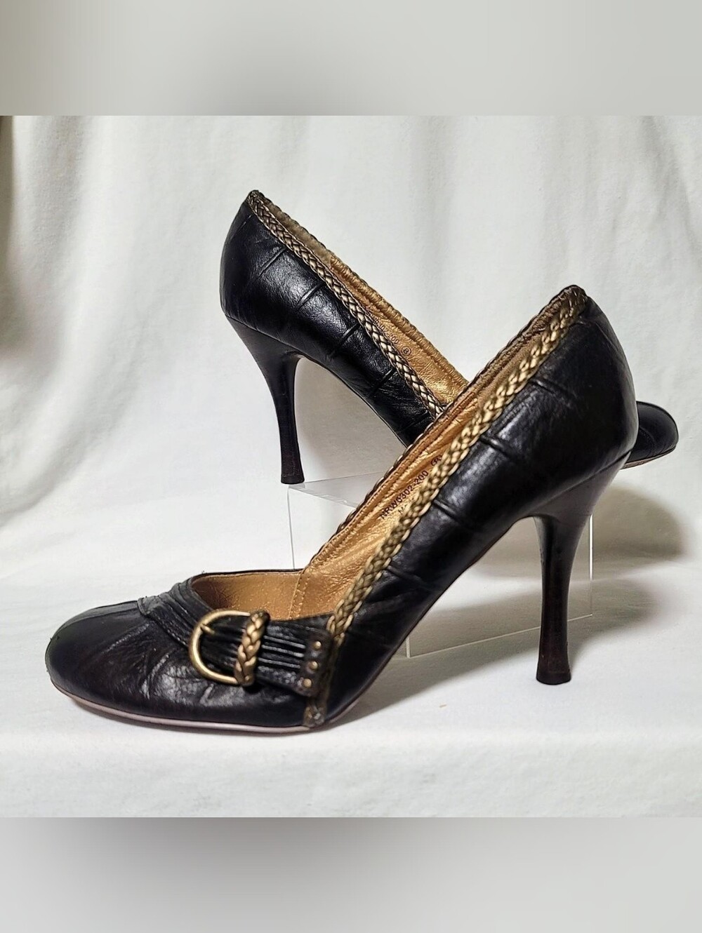 Not Rated Dark Expresso Leather Heels with Gold Braid and Buckle Sz 8